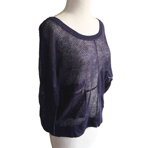 Poetry Mesh 100% Linen Blouse Top Blue Knit See-Through Zipped Pockets Size 8 - Picture 2 of 5